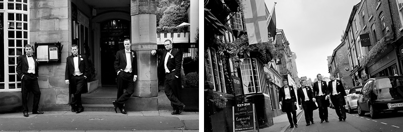 Groom with his groomsmen walking down the street