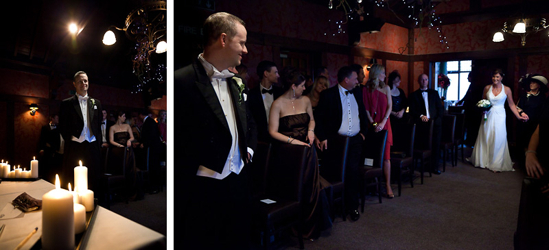 Groom looks back at Bride walking down the aisle