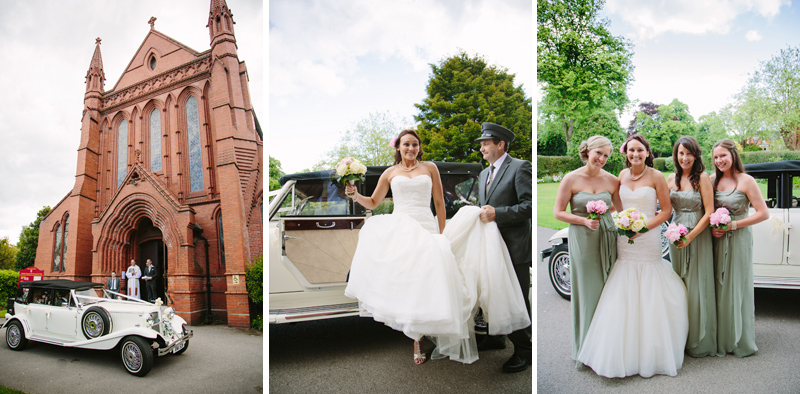 Bride arrives in wedding car and is greeted by bridesmaids