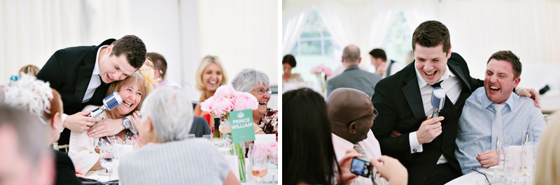 Wedding singer jokes with guests