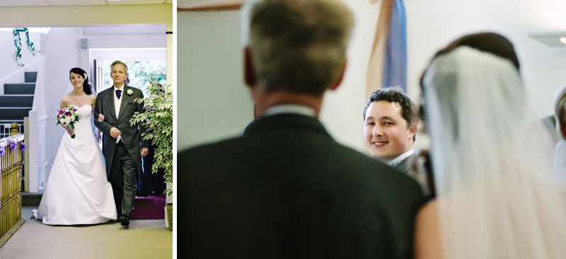 Groom see the bride for the first time as she walks down the aisle with her dad