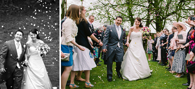 Guests throw confetti over the Bride and Groom